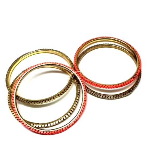 Women's Set of 5 Gold & Salmon Coral Pink Colors Bangle Bracelets Jewelry - Picture 2 of 9